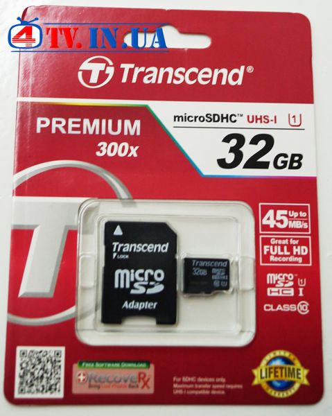 Карта пам&#39;яті microSDHC UHS-I Transcend 32GB class 10 adapter SD (TS32GUSDU1) 48677 фото