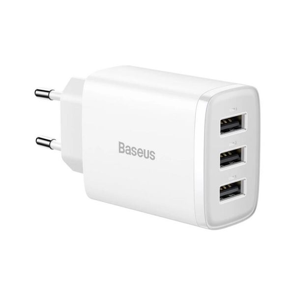 Адаптер мережевий Baseus Compact Charger 3U на 17W White 3 порти 50652 фото