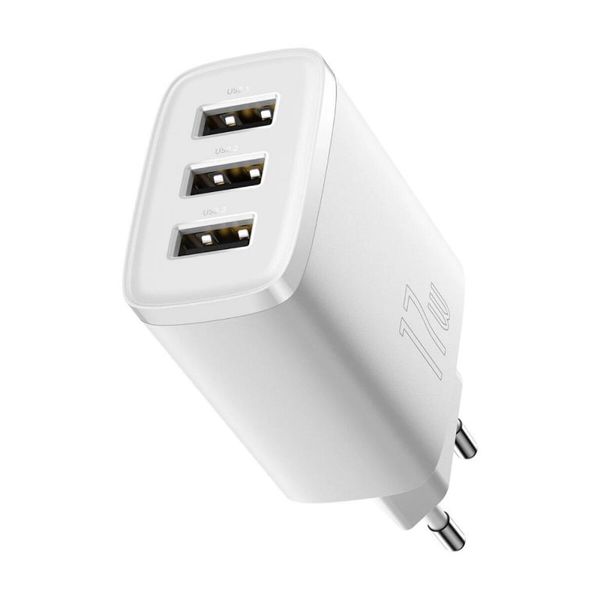 Адаптер мережевий Baseus Compact Charger 3U на 17W White 3 порти 50652 фото