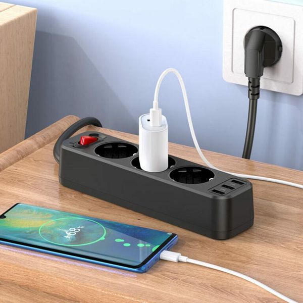 Фільтр мережевий HOCO NS2 3-position extension cord socket 3 розетки 3 usb 1.8 метра чорний 50509 фото