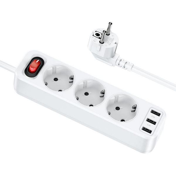 Фільтр мережевий HOCO NS2 3-position extension cord socket 3 розетки 3 usb 1.8 метра білий 50510 фото