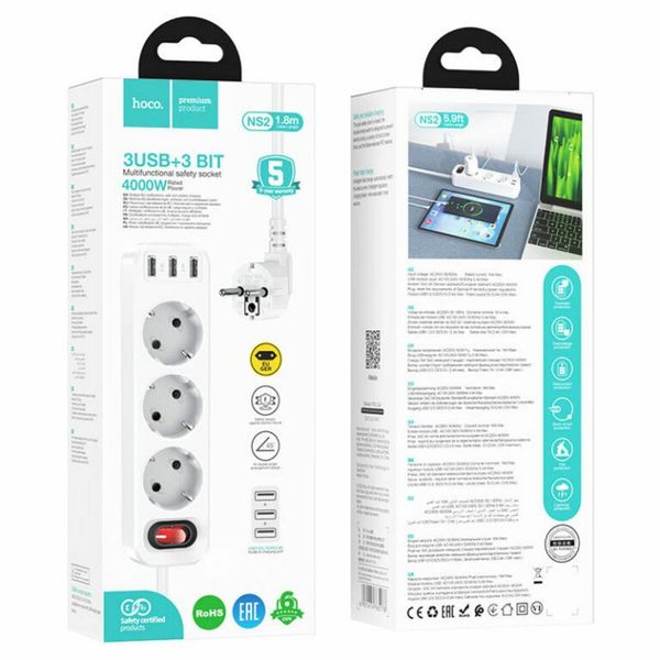 Фільтр мережевий HOCO NS2 3-position extension cord socket 3 розетки 3 usb 1.8 метра білий 50510 фото