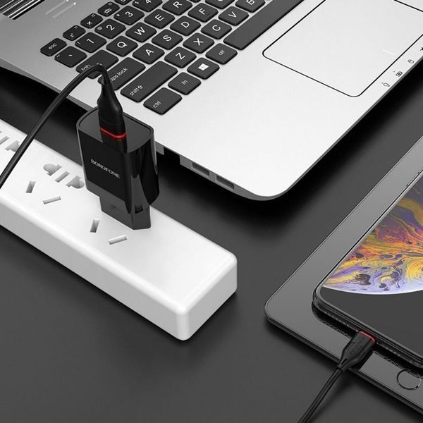 Адаптер мережевий BOROFONE BA20A + single port charger set (Lightning) Black 51697 фото
