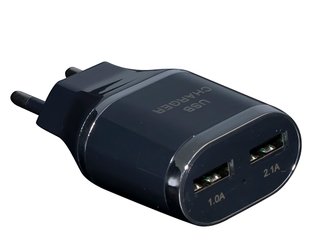 Адаптер мережевий 220В 5V 2.1A/1.0A USB 2 порти чорний 40290 фото