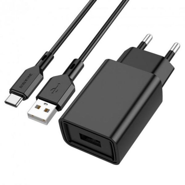 Адаптер мережевий BOROFONE BA68A + single port charger set(Type-C) Black 50653 фото