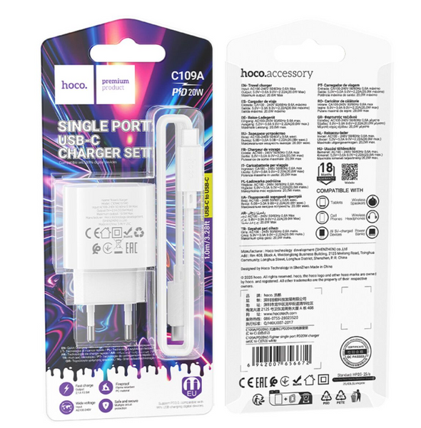 HOCO C109A Fighter single port PD20W charger set(C to C) White Сетевое зарядное устройство с кабелем 00-00078816 фото