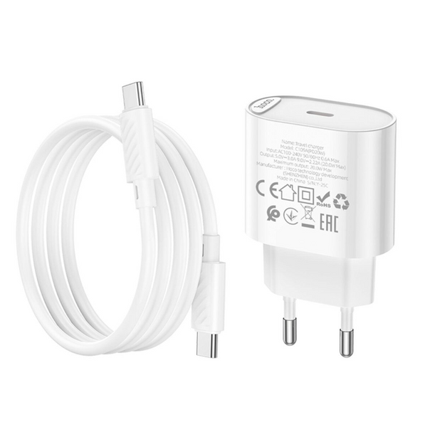 HOCO C109A Fighter single port PD20W charger set(C to C) White Сетевое зарядное устройство с кабелем 00-00078816 фото