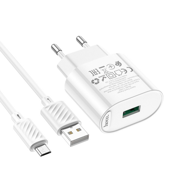 HOCO C109A Fighter single port QC3.0 charger set(Micro) White Мережевий зарядний пристрій з кабелем 00-00078855 фото