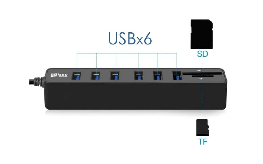 Хаб USB 2.0/3.1 Combo 6-ти портовий живлення від USB з картридером блістер 48217 фото