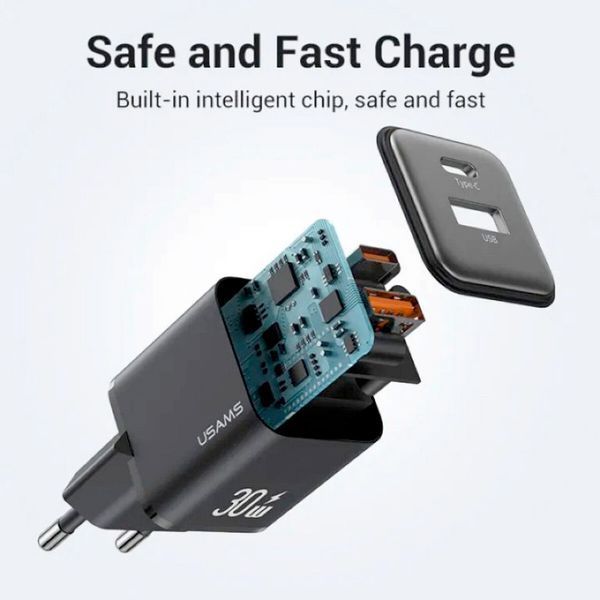 Адаптер мережевий Usams US-CC189 PD30W+QC3.0 A+C Black 50851 фото