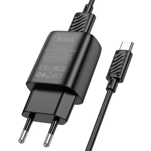 Мережевий зарядний пристрій HOCO C134A Solid single-port charger set (Type-C) (EU) Black 00-00077923 фото
