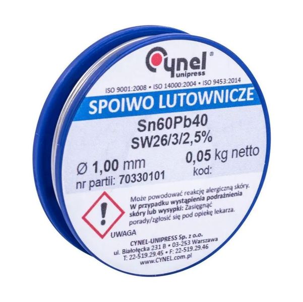 Припій олов'яно-свинцевий із флюсом Cynel Sn60Pb40-SW26 1мм 50 грам 48361 фото